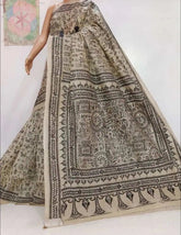 Offwhite Black Hand Kantha Pure Tussar Saree for Festive - Saree - Aakritee - S10703